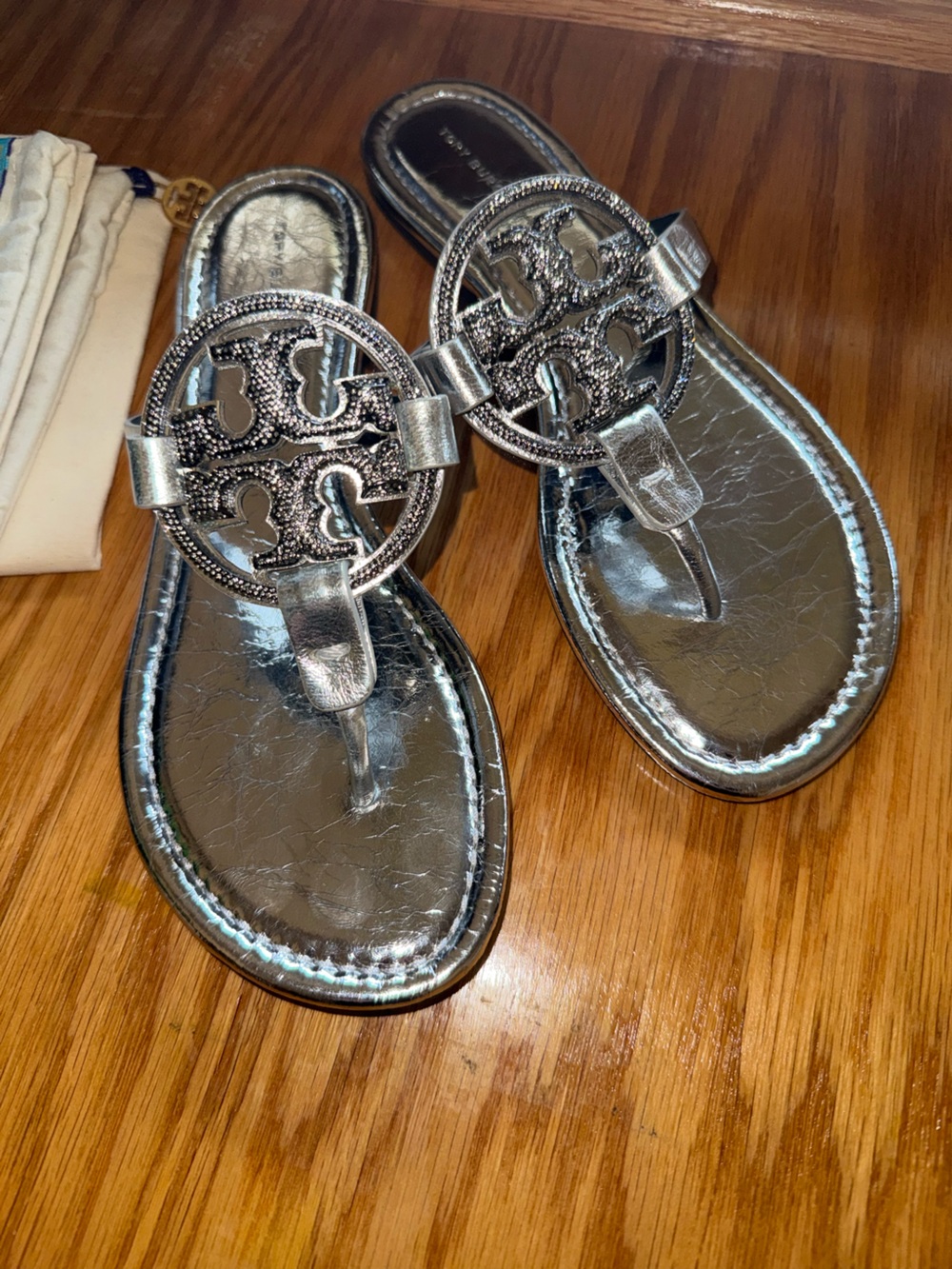 Tory Burch Silver Metallic Rhinestone Miller Sandals - Picture 3 of 7